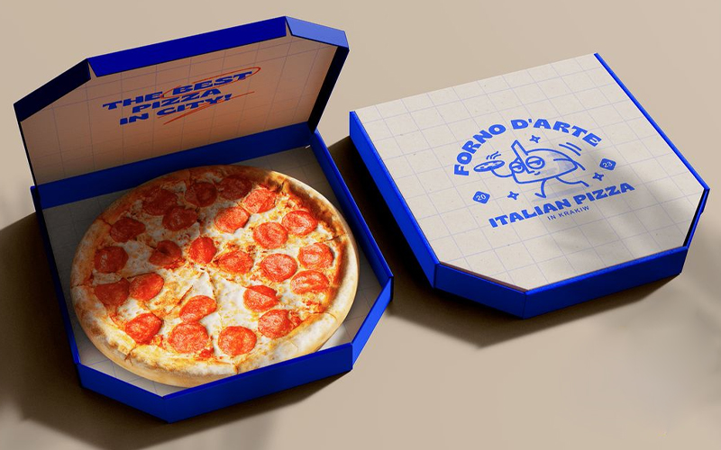in hộp giấy đựng bánh pizza